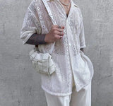 Foesce -Men Shirt Mesh See Through Lapel Sexy Short Sleeve Lace Button Camisas Streetwear Party Nightclub Men Clothing 7