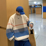 Foesce Striped sweater men's autumn and winter fashion brand loose color matching sweater coat versatile lazy wind thickened round neck