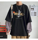 Fake Two-piece Long-sleeved T-shirt Women Tshirt Men Autumn  Korean Loose Letter Printing Student Jacket Couple Outfit Punk
