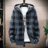 Autumn Korean Hooded Men's Sweater with Thick and Velvet Men's Cardigan Knitted Sweater Coat Grid Jacket Male M-4XL
