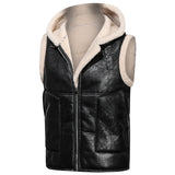 Men's Winter PU Leather Fur Vest Casual Hooded Warm Jacket Lambswool Waistcoat Jackets Sleeveless Zipper Solid Color