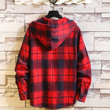 Casual Brand With Hooded Plaid Shirt Men'S Fleece Red Shirts Long Sleeves New Spring Autumn Plus OverSize M-6XL