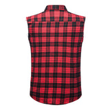 Men's Casual Flannel Plaid Shirt Sleeveless Double Pocket Cowboy Button Down Shirts Men Cotton Plus Size Vest Checkered Top 2XL