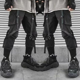 Men Cargo Pants Black Ribbons Block Multi-Pocket Harem Joggers Harajuku Sweatpant Hip Hop Casual Harem Tide Male Trousers