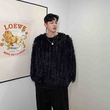 Dark and black personality tassel wool loose Pullover Sweater men's Korean fashion long hair velvet versatile bottom coat autumn