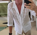Foesce -Men Shirt Mesh See Through Lapel Sexy Short Sleeve Lace Button Camisas Streetwear Party Nightclub Men Clothing 7