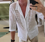 Foesce -Men Shirt Mesh See Through Lapel Sexy Short Sleeve Lace Button Camisas Streetwear Party Nightclub Men Clothing 7
