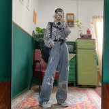 Foesce New Women Loose Vintage Female Pants Fashion Femme Harajuku Baggy Jeans Female Casual Funny Gothic straight-leg Summer Jeans ins
