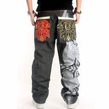 Foesce Plus Size Mens Jeans Top Rushed Stripe Loose Hip Hop Jeans Men Printed Hiphop Demin Pants Tide Trousers Embroidered Flower Wings