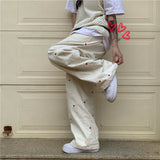 Women's Jeans Streetwear Casual Heart Shaped Embroidery Elastic Waist Vintage Baggy Straight Denim Trouser Wide Leg Pants