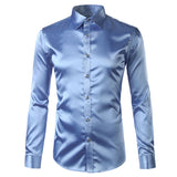 Foesce Green Silk Satin Dress Shirt Men Luxury Brand New Casual Dance Party Long Sleeve Chemise Smooth Wrinkle Free Tuxedo Shirts