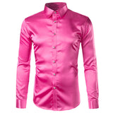 Foesce Green Silk Satin Dress Shirt Men Luxury Brand New Casual Dance Party Long Sleeve Chemise Smooth Wrinkle Free Tuxedo Shirts