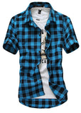 Foesce Navy and Green Plaid shirts Men  New Arrival Summer Men's Casual Short sleeve Shirts Fashion Chemise Homme Men Dress Shirts
