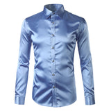 Foesce Pink Silk Satin Shirt Men Fashion Long Sleeve Mens Slim Tuxedo Shirts Casual Shiny Emulation Silk Button Down Dress Shirts