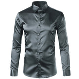 Foesce Pink Silk Satin Shirt Men Fashion Long Sleeve Mens Slim Tuxedo Shirts Casual Shiny Emulation Silk Button Down Dress Shirts