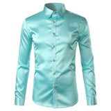 Foesce Green Silk Satin Dress Shirt Men Luxury Brand New Casual Dance Party Long Sleeve Chemise Smooth Wrinkle Free Tuxedo Shirts