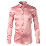 Foesce Green Silk Satin Dress Shirt Men Luxury Brand New Casual Dance Party Long Sleeve Chemise Smooth Wrinkle Free Tuxedo Shirts