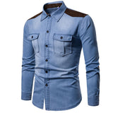 Foesce Denim Shirt Men Long Sleeve Men Casual Cotton Jeans Shirt Slim Suede Matching Mens Solid Pocket Shirts Tops Chemise Homme