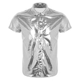 Mens Fashion Shiny Metallic T-shirt Tops Clubwear Patent Leather Turn-Down Shirt Undershirt Streetwear Male Clothing