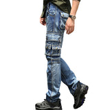 Men's Blue Cargo Jeans Multi Pockets Long Straight fit Denim Pants High Quality Men's Outdoor Casual Jeans