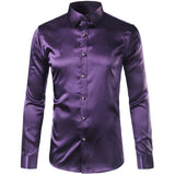 Foesce Pink Silk Satin Shirt Men Fashion Long Sleeve Mens Slim Tuxedo Shirts Casual Shiny Emulation Silk Button Down Dress Shirts