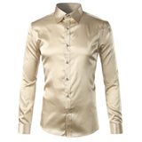Foesce Green Silk Satin Dress Shirt Men Luxury Brand New Casual Dance Party Long Sleeve Chemise Smooth Wrinkle Free Tuxedo Shirts