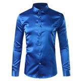 Foesce Pink Silk Satin Shirt Men Fashion Long Sleeve Mens Slim Tuxedo Shirts Casual Shiny Emulation Silk Button Down Dress Shirts