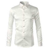 Foesce Green Silk Satin Dress Shirt Men Luxury Brand New Casual Dance Party Long Sleeve Chemise Smooth Wrinkle Free Tuxedo Shirts