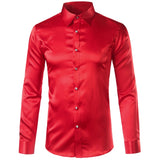 Foesce Pink Silk Satin Shirt Men Fashion Long Sleeve Mens Slim Tuxedo Shirts Casual Shiny Emulation Silk Button Down Dress Shirts