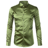Foesce Green Silk Satin Dress Shirt Men Luxury Brand New Casual Dance Party Long Sleeve Chemise Smooth Wrinkle Free Tuxedo Shirts