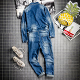Foesce Men's long sleeve patchwork ripped denim jean jumpsuits Loose hip hop coveralls Youth overalls