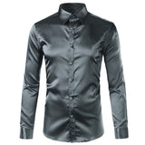 Foesce Green Silk Satin Dress Shirt Men Luxury Brand New Casual Dance Party Long Sleeve Chemise Smooth Wrinkle Free Tuxedo Shirts