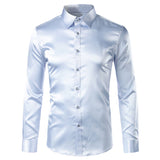Foesce Green Silk Satin Dress Shirt Men Luxury Brand New Casual Dance Party Long Sleeve Chemise Smooth Wrinkle Free Tuxedo Shirts