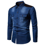 Foesce Denim Shirt Men Long Sleeve Men Casual Cotton Jeans Shirt Slim Suede Matching Mens Solid Pocket Shirts Tops Chemise Homme