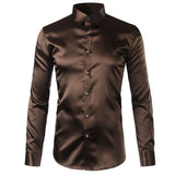 Foesce Green Silk Satin Dress Shirt Men Luxury Brand New Casual Dance Party Long Sleeve Chemise Smooth Wrinkle Free Tuxedo Shirts