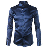Foesce Green Silk Satin Dress Shirt Men Luxury Brand New Casual Dance Party Long Sleeve Chemise Smooth Wrinkle Free Tuxedo Shirts