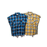 Streetwear Oversize Plaid Sleeveless Shirt Men's Justin Biber Hip-Hop Youth Pop Loose Retro Side Zipper Split Shirts