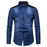 Foesce Denim Shirt Men Long Sleeve Men Casual Cotton Jeans Shirt Slim Suede Matching Mens Solid Pocket Shirts Tops Chemise Homme