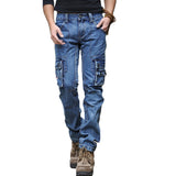Men's Blue Cargo Jeans Multi Pockets Long Straight fit Denim Pants High Quality Men's Outdoor Casual Jeans