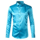 Foesce Green Silk Satin Dress Shirt Men Luxury Brand New Casual Dance Party Long Sleeve Chemise Smooth Wrinkle Free Tuxedo Shirts