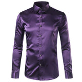 Foesce Green Silk Satin Dress Shirt Men Luxury Brand New Casual Dance Party Long Sleeve Chemise Smooth Wrinkle Free Tuxedo Shirts