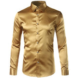 Foesce Pink Silk Satin Shirt Men Fashion Long Sleeve Mens Slim Tuxedo Shirts Casual Shiny Emulation Silk Button Down Dress Shirts