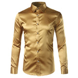 Foesce Green Silk Satin Dress Shirt Men Luxury Brand New Casual Dance Party Long Sleeve Chemise Smooth Wrinkle Free Tuxedo Shirts