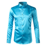 Foesce Pink Silk Satin Shirt Men Fashion Long Sleeve Mens Slim Tuxedo Shirts Casual Shiny Emulation Silk Button Down Dress Shirts