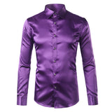 Foesce Pink Silk Satin Shirt Men Fashion Long Sleeve Mens Slim Tuxedo Shirts Casual Shiny Emulation Silk Button Down Dress Shirts