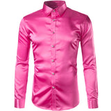 Foesce Pink Silk Satin Shirt Men Fashion Long Sleeve Mens Slim Tuxedo Shirts Casual Shiny Emulation Silk Button Down Dress Shirts