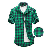 Foesce Navy and Green Plaid shirts Men  New Arrival Summer Men's Casual Short sleeve Shirts Fashion Chemise Homme Men Dress Shirts