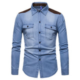 Foesce Denim Shirt Men Long Sleeve Men Casual Cotton Jeans Shirt Slim Suede Matching Mens Solid Pocket Shirts Tops Chemise Homme
