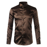 Foesce Pink Silk Satin Shirt Men Fashion Long Sleeve Mens Slim Tuxedo Shirts Casual Shiny Emulation Silk Button Down Dress Shirts
