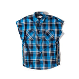 Streetwear Oversize Plaid Sleeveless Shirt Men's Justin Biber Hip-Hop Youth Pop Loose Retro Side Zipper Split Shirts